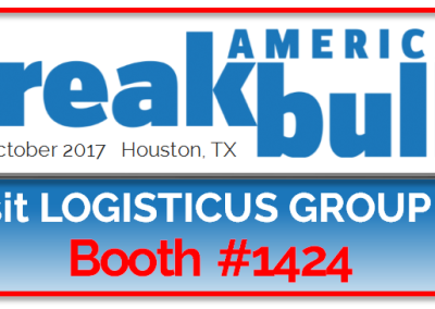 Event banner for Breakbulk Americas, held 17-19 October 2017 in Houston, TX. Text encourages visitors to visit LOGISTICUS GROUP at Booth #1424.