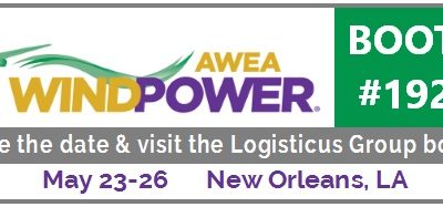 A promotional banner for AWEA WINDPOWER featuring a wind turbine graphic, booth number 1923, event dates May 23-26, and location New Orleans, LA. It invites visitors to the Logisticus Group booth.