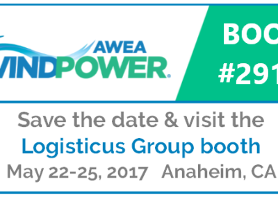 AWEA Windpower event banner with a wind turbine graphic, promoting LogistiCus Group at booth #2917. Event dates: May 22-25, 2017, in Anaheim, CA.
