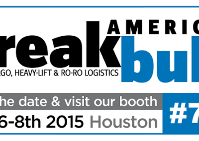 Event promotion graphic for Breakbulk Americas 2015, featuring event name, date (Oct 6-8, 2015), location (Houston), and booth number (#718) with a note to save the date and visit the booth.