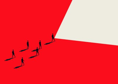 Six silhouetted figures walk toward a large white triangular area on a red background, casting long shadows behind them, with one figure leading the group into the light.