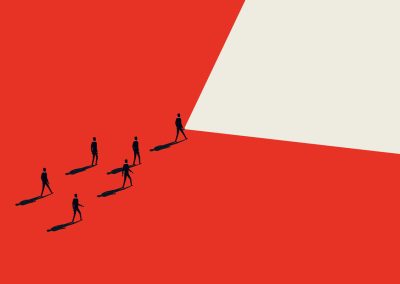Illustration of six silhouetted figures walking on a red background, with one figure leading the others toward a large white, triangular area, symbolizing leadership or guidance.