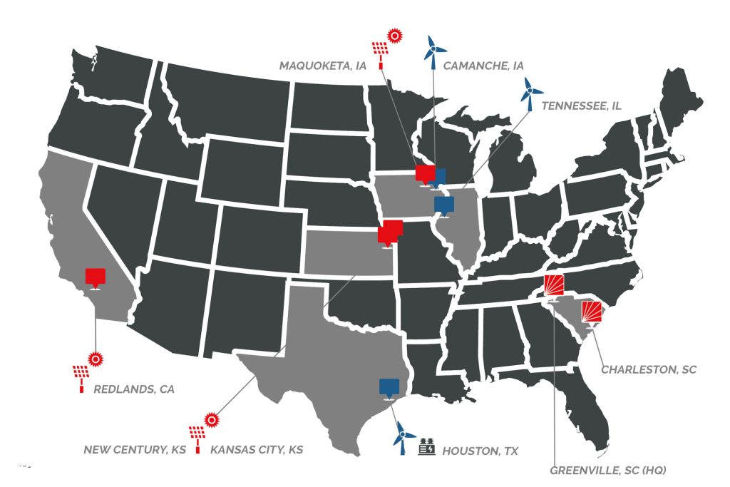 Map of the U.S. showing various company facility locations using icons: offices (red squares), wind turbines (blue wind icons), warehouses (blue buildings), and plants (red factories) across multiple states including CA, KS, TX, SC, IL, and IA.