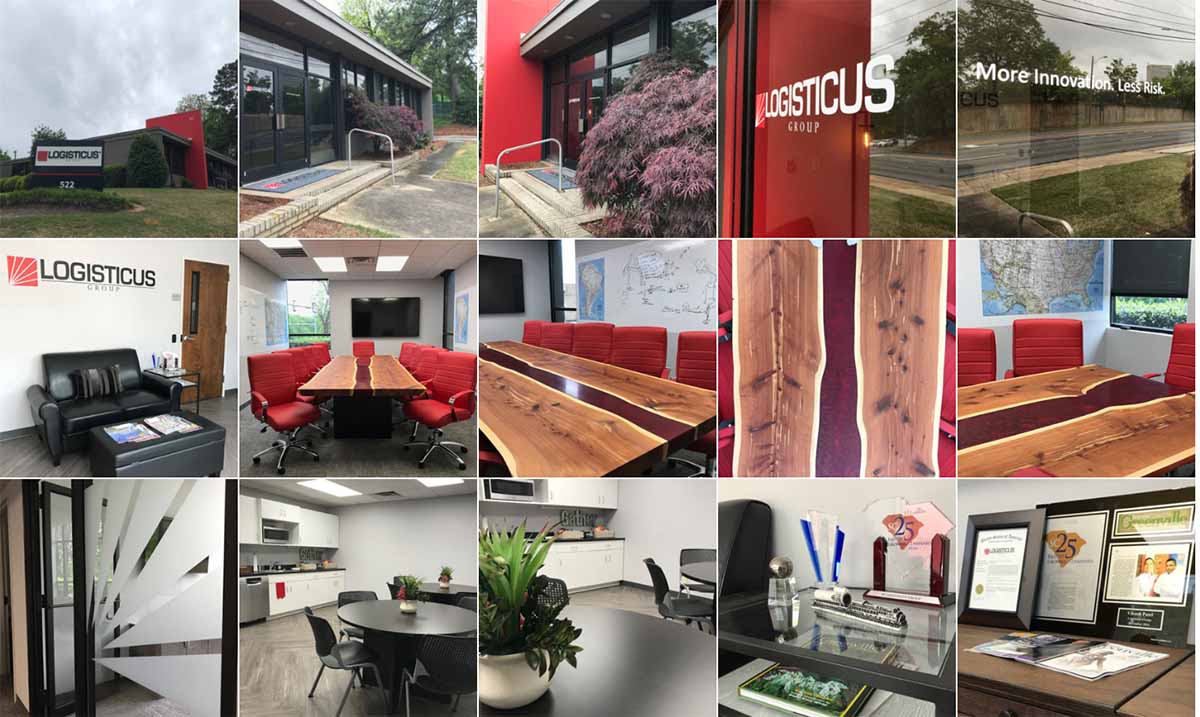 A collage of office photos for Logisticius Group, showing the exterior, meeting rooms with red chairs and wooden tables, reception area, kitchen, awards, framed certificates, and indoor plants.