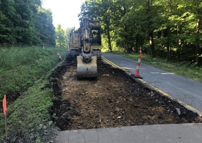 A construction vehicle is digging up a section of a rural road, with traffic cones and flags marking the area. Trees and greenery line both sides of the road under bright daylight.