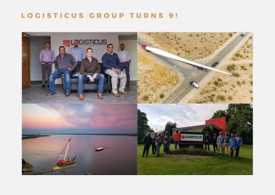 A collage celebrating Logisticus Groups 9th anniversary, featuring team members, a wind turbine blade transport, a barge on water at sunset, and a group by the company sign.