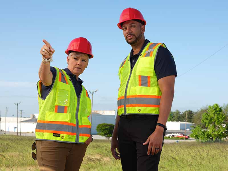 Two construction workers in red hard hats and reflective safety vests stand outdoors. One person is pointing into the distance while the other looks ahead. A grassy field and buildings are visible in the background.