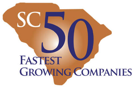 Logo featuring a brown outline of South Carolina with large blue text 50 and SC above it, and Fastest Growing Companies written below.